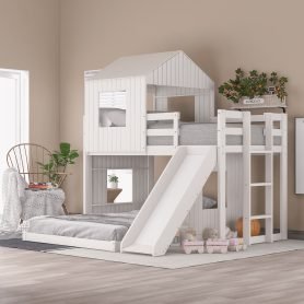 Twin Over Full Loft Bed With Farmhouse, Ladder, Slide And Guardrails