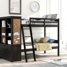 Wood Twin Over Twin Bunk Bed with Bookcase
