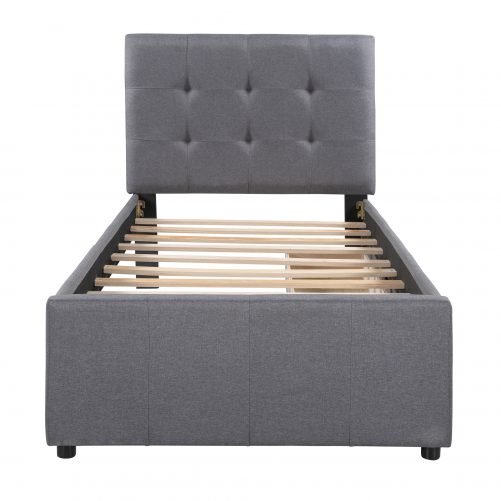 Linen Upholstered Platform Bed With Headboard And Two Drawers, Twin