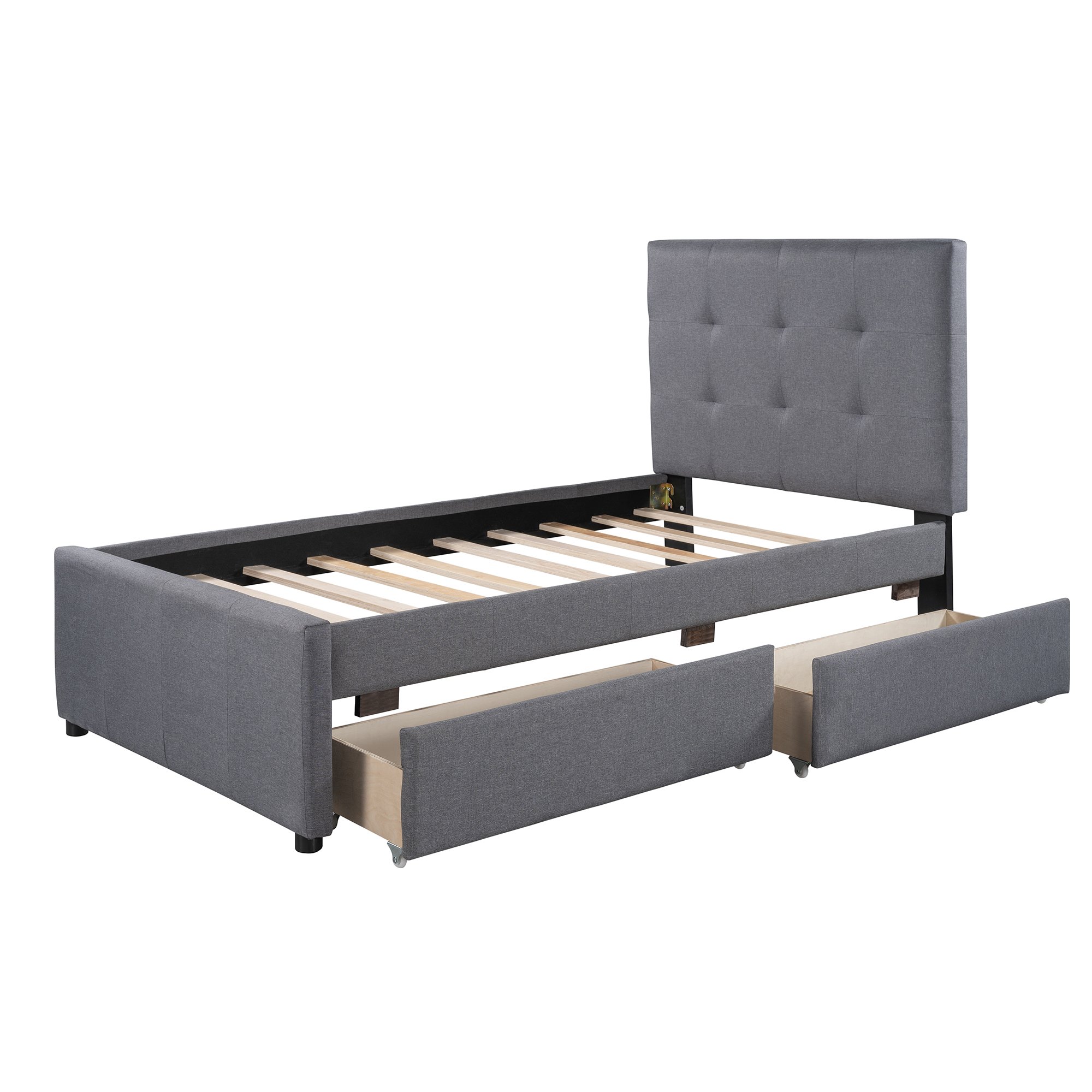 Linen Upholstered Platform Bed With Headboard And Two Drawers, Twin ...