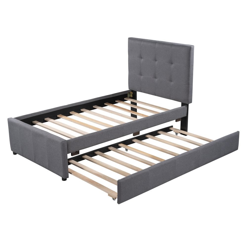 Linen Upholstered Platform Bed With Headboard And Trundle, Twin - Cool ...