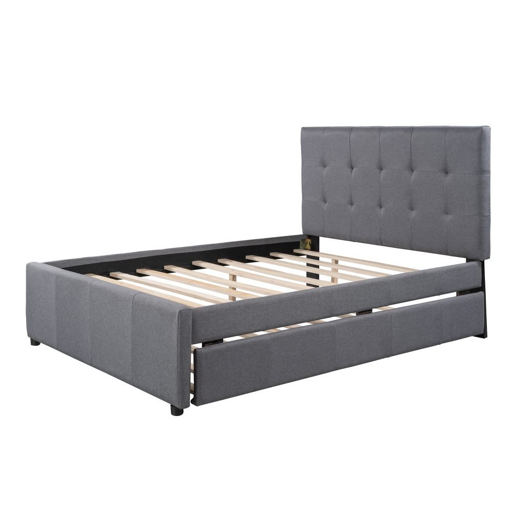 Linen Upholstered Platform Bed With Headboard And Trundle, Full - Cool ...