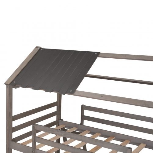 Twin Over Twin Wood Bunk Bed With Roof, Window, Slide, Ladder