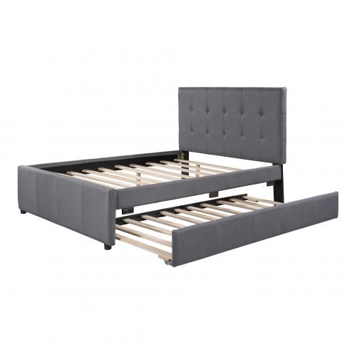 Linen Upholstered Platform Bed With Headboard And Trundle, Full