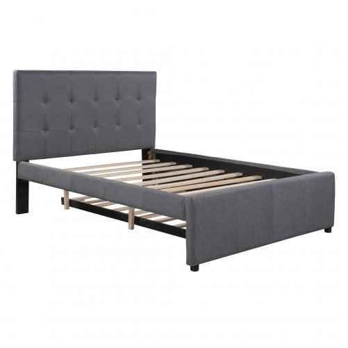 Linen Upholstered Platform Bed With Headboard And Trundle, Full