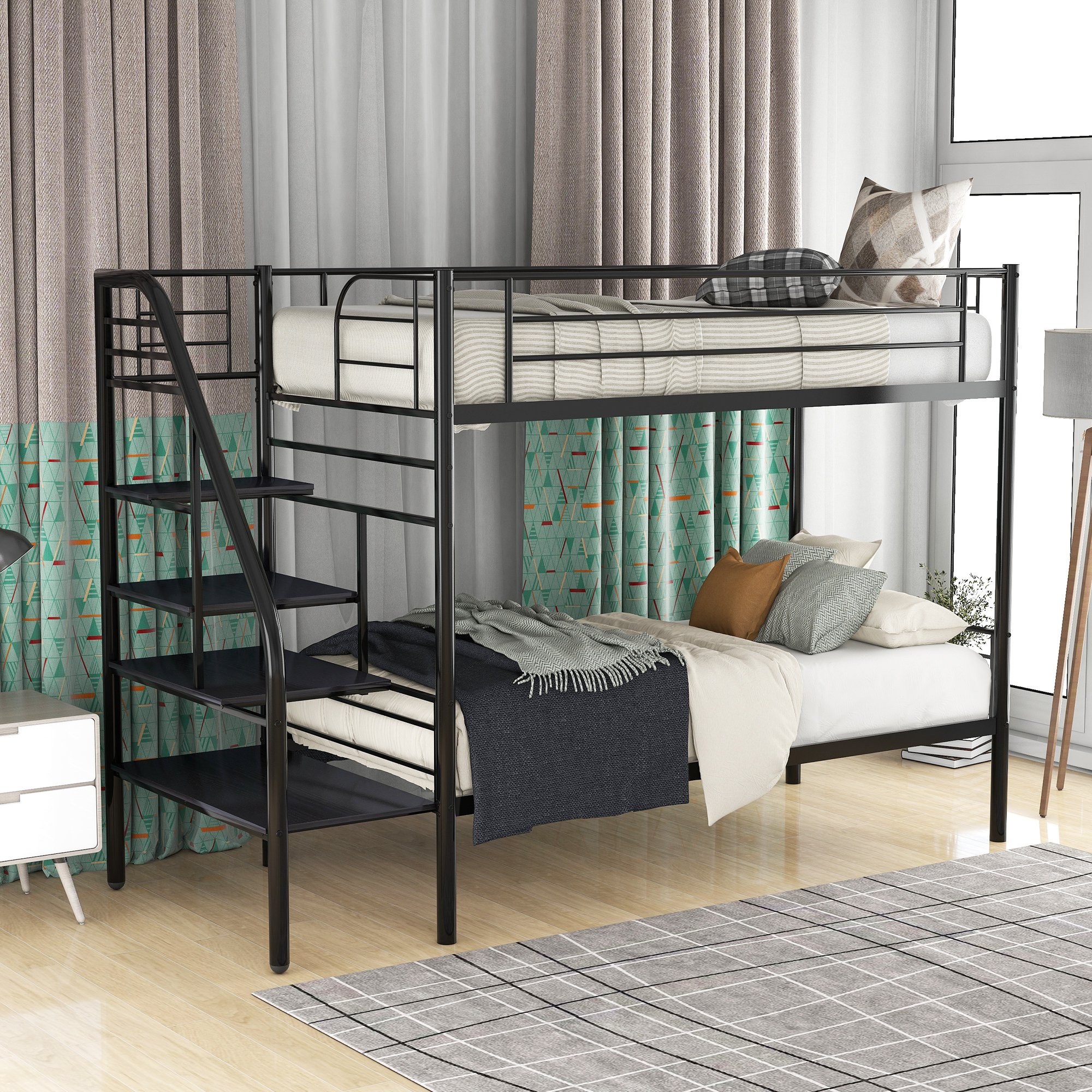 Twin Bunk Bed With Metal Frame And Ladder - Cool Toddler Beds