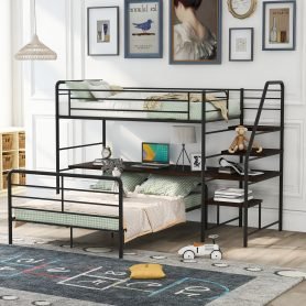 Twin Over Full Loft Bed Frame With Desk And Ladder And Separate Platform Bed