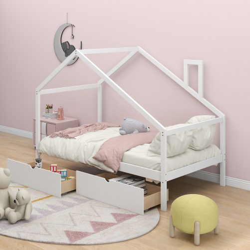 Twin Daybed With Two Pull-Out Drawers And Roof, House Shape Bed