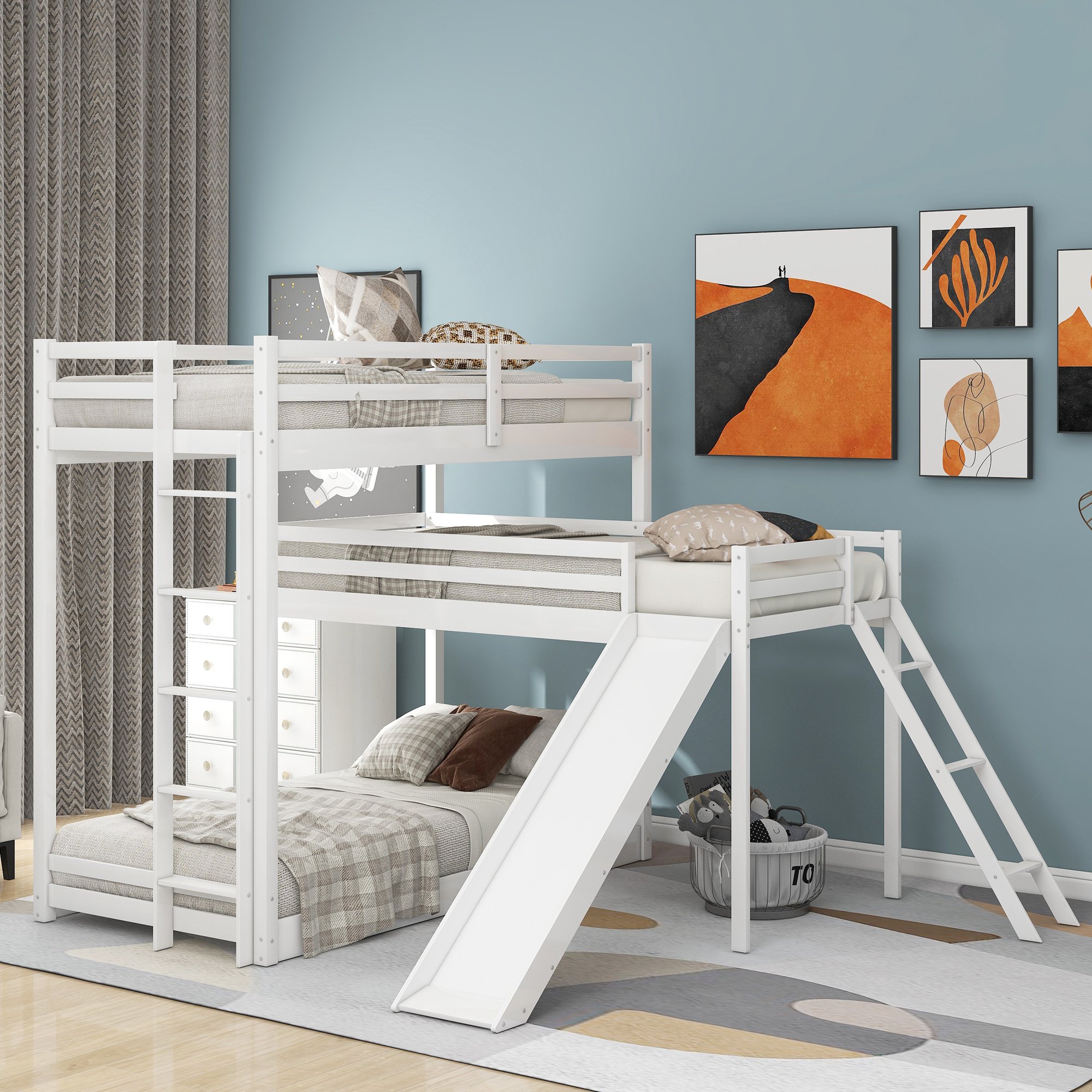 L-Shaped Triple Bunk Bed, Twin Over Twin Bunk Bed With Attached Twin Loft Bed And Ladder And Slide