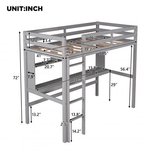 Twin Size Loft Bed With Convenient Desk, Shelves, And Ladder