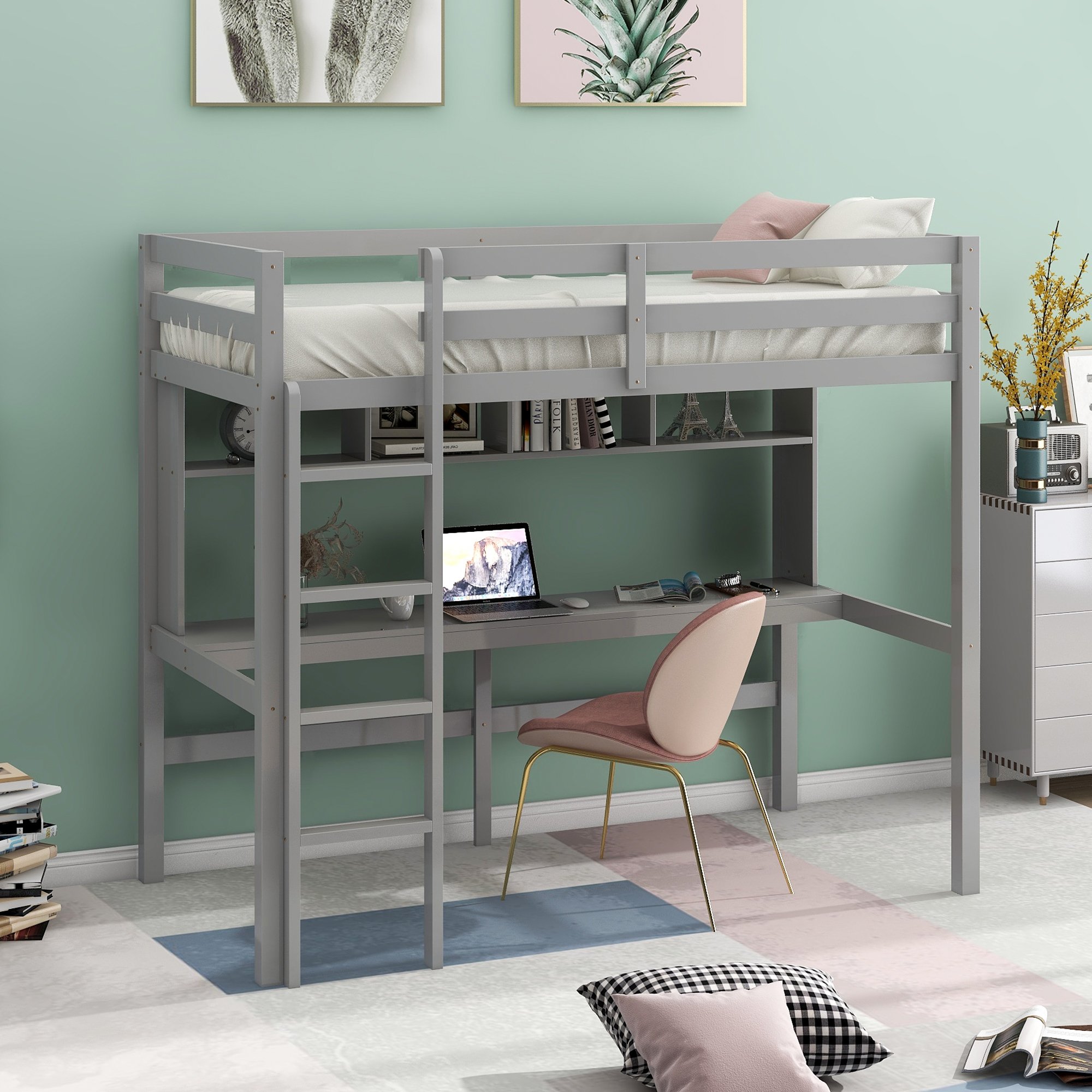 Twin Size Loft Bed With Convenient Desk, Shelves, And Ladder