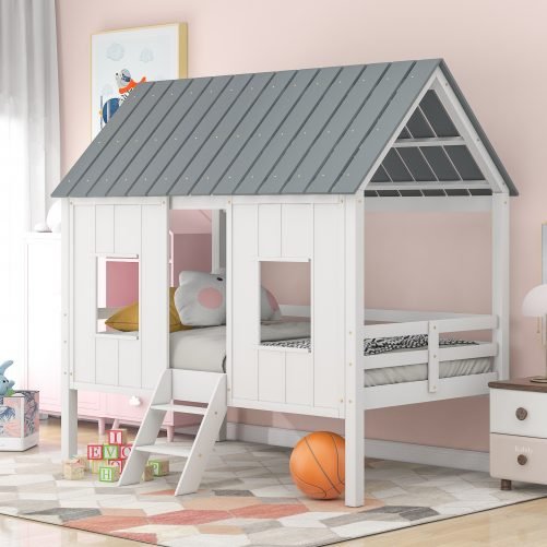 Twin Size Low Loft House Bed With Roof And Two Front Windows