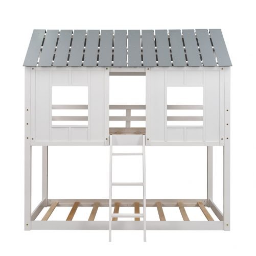 Twin Over Twin Size Low Bunk Beds With Roof And Fence-Shaped Guardrail For Kids
