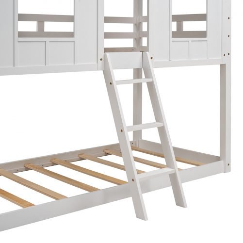 Twin Over Twin Size Low Bunk Beds With Roof And Fence-Shaped Guardrail For Kids