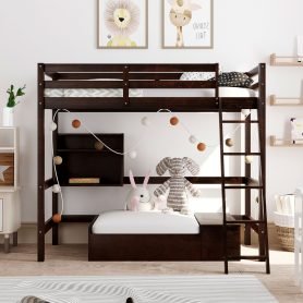 Twin Size Wood Loft Bed With Convertible Lower Bed, Storage Drawer And Shelf