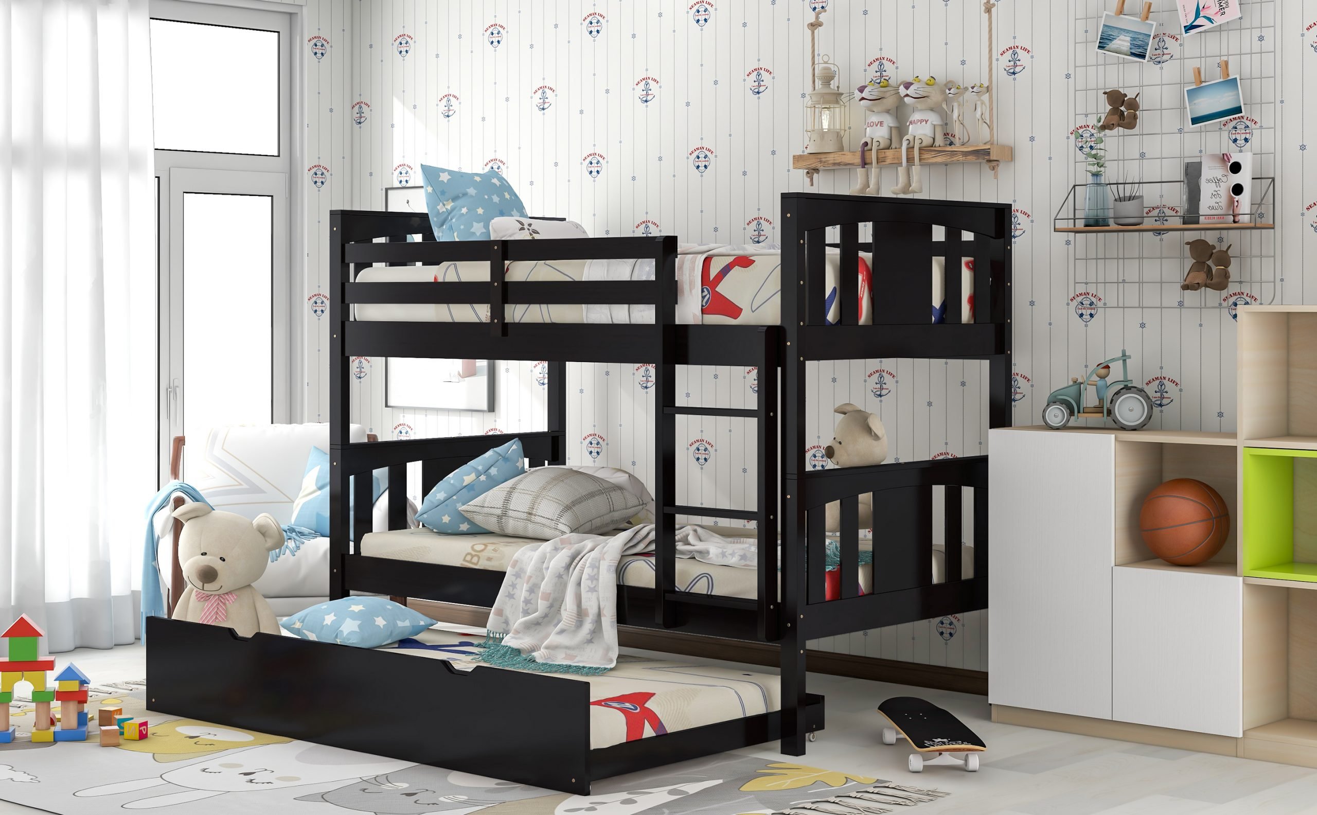 Twin Over Twin Bunk Bed With Trundle And Ladder For Kids