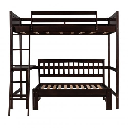 Twin Size  Wood Loft Bed With Convertible Lower Bed And Desk
