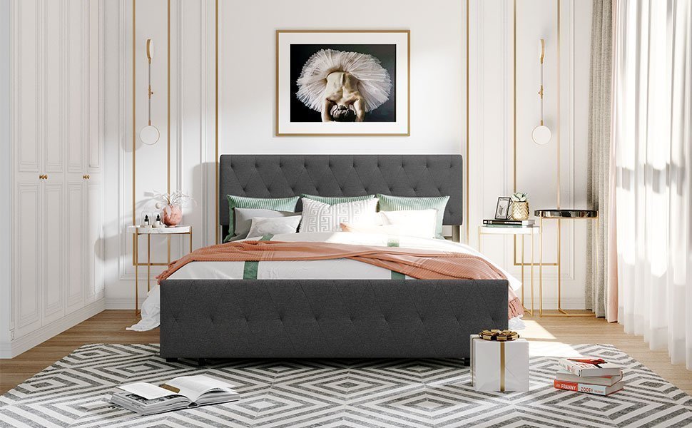 Queen Size Storage Metal Platform Bed With A Big Drawer