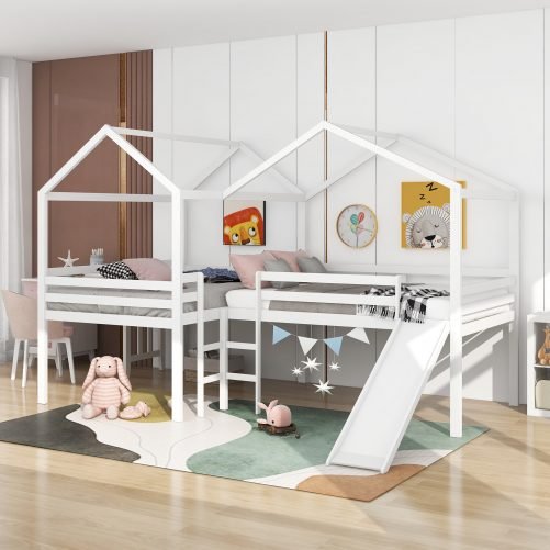 Full Size Wood Loft Bed With Roof, Slide, Guardrail