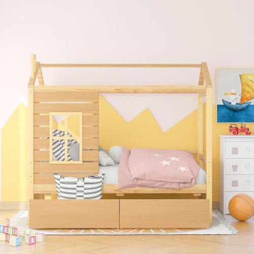 Twin Size Wood House Bed With Two Drawers