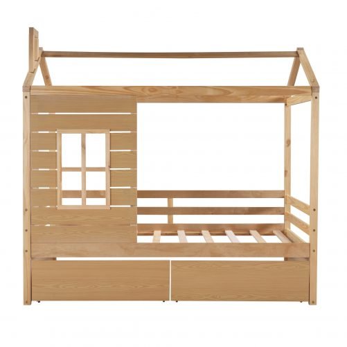 Twin Size Wood House Bed With Two Drawers
