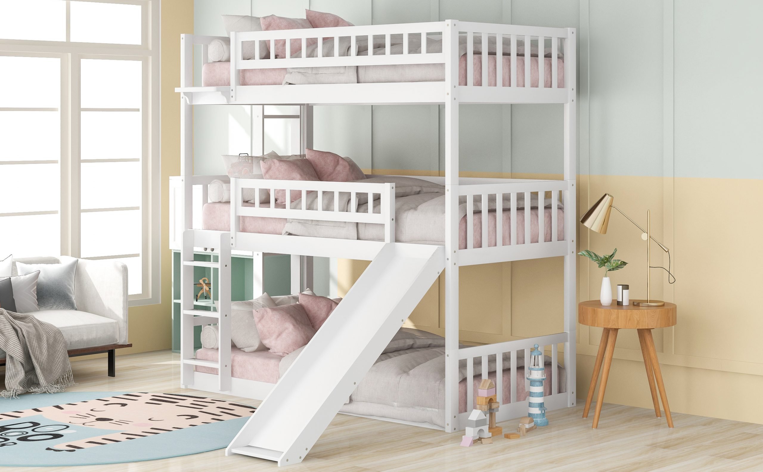 Twin over Twin over Twin Triple Bed With Built-in Ladder And Slide