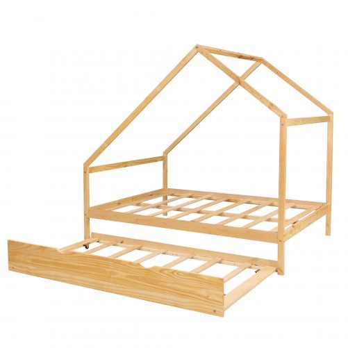 Full Size Wooden House Bed With Twin Size Trundle