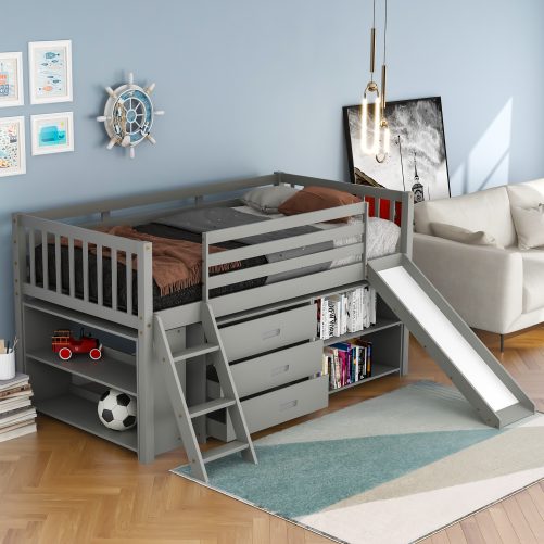 Solid Wood Low Loft Bed With Attached Bookcases ,Separate 3-tier Drawers, Convertible Ladder And Slide, Twin Size