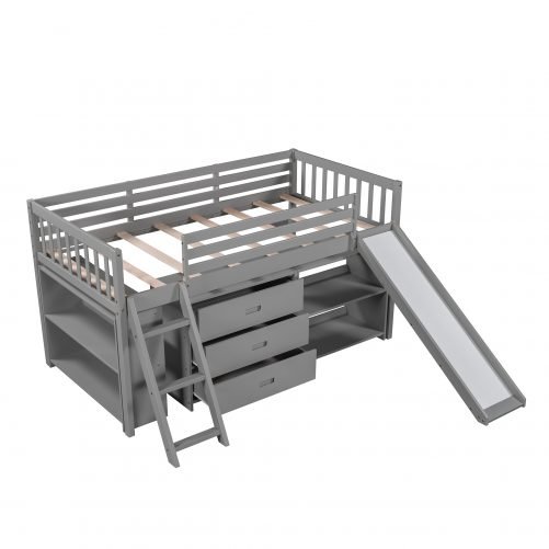 Solid Wood Low Loft Bed With Attached Bookcases ,Separate 3-tier Drawers, Convertible Ladder And Slide, Twin Size