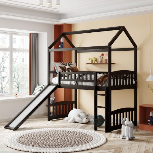 Twin House Shape Loft Bed With Slide