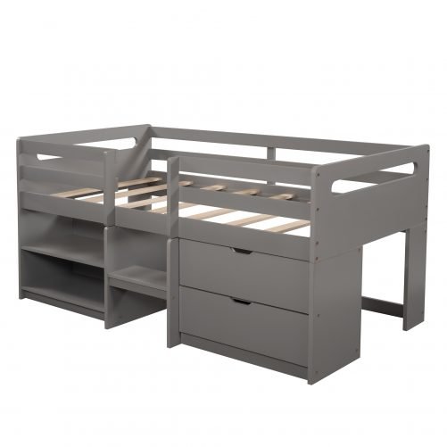 Twin Size Wood Loft Bed with Two Shelves and Two Drawers