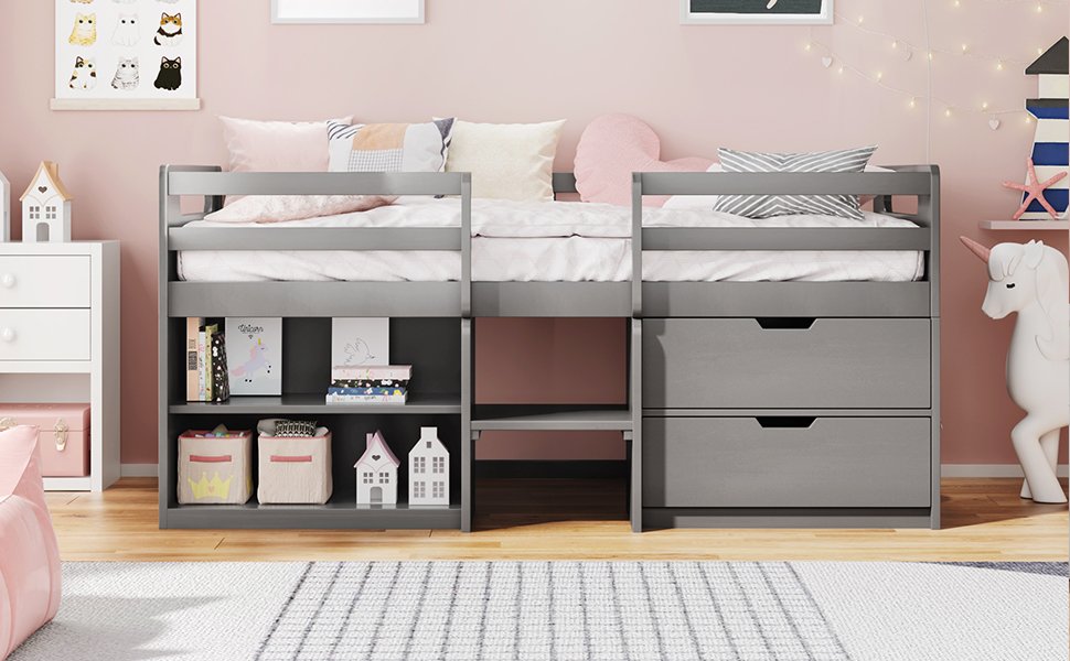 Twin Size Wood Loft Bed with Two Shelves and Two Drawers