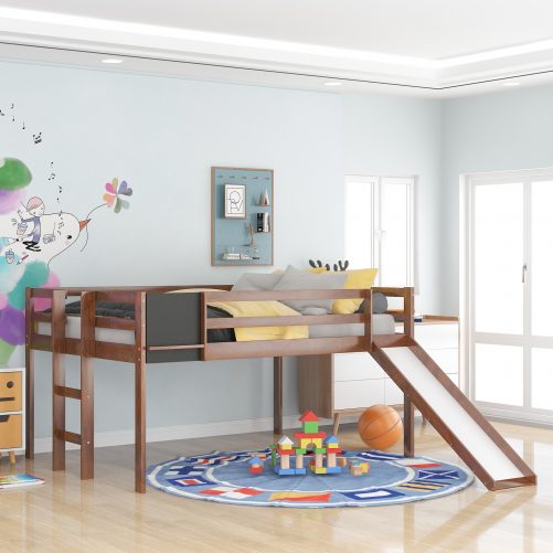 Full Size Loft Bed Wood Bed With Slide, Stair And Chalkboard
