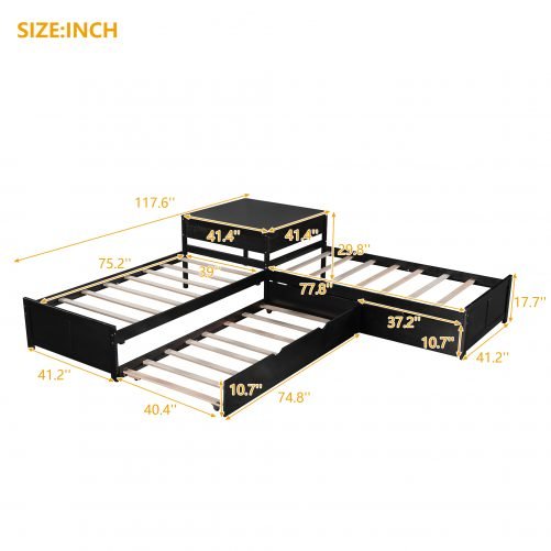 L-Shaped Platform Bed With Trundle And Drawers Linked With Built-in Desk,Twin Size