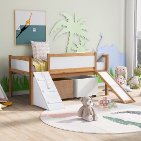 Twin Size Low Loft Bed With Two Storage Boxes, Natural Color