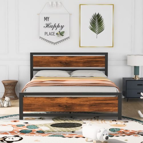 Metal And Wood Platform Bed Frame With Headboard And Footboard ,Queen Size
