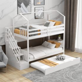 Multifunctional Twin Over Twin House Bunk Bed With Staircase And Storage Space