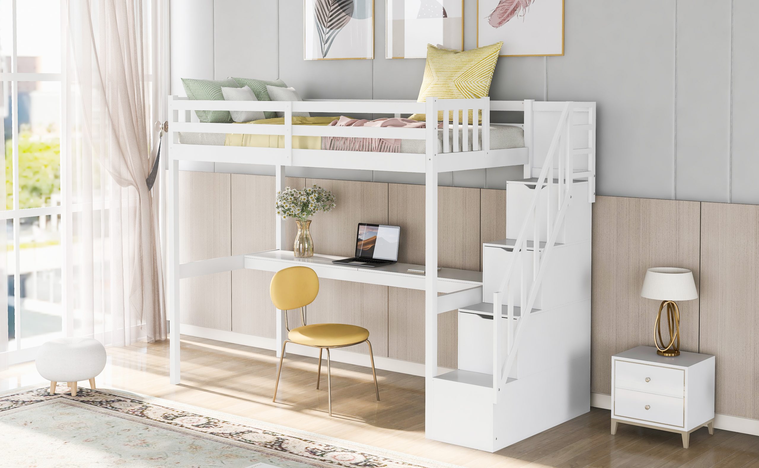 Twin Size Loft Bed With Staircase And Built-in Desk