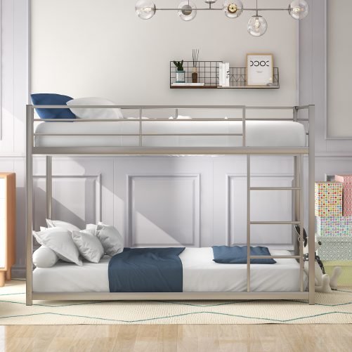 Twin Over Twin Metal Bunk Bed With Ladder And Full-Length Guardrail