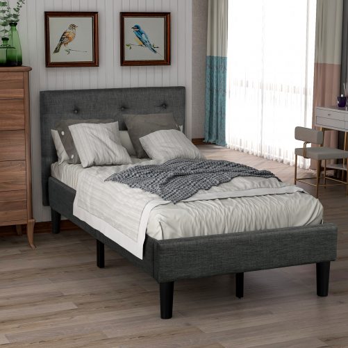 Upholstered Button Tufted Platform Bed With Wood Slat, Twin Size