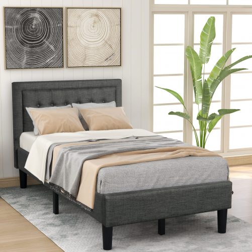 Upholstered Platform Bed With Wood Slat, Twin Size