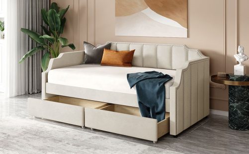 Twin Size Upholstered Daybed With Drawers, Wood Slat Support
