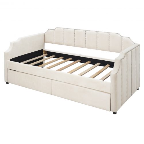 Twin Size Upholstered Daybed With Drawers, Wood Slat Support