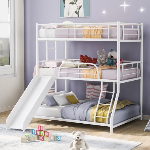 Twin over Twin over Full Triple Bunk Bed with Long and Short Ladder and Full-Length Guardrails