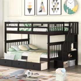 Stairway Full-over-Full Bunk Bed With Drawer, Storage And Guard Rail