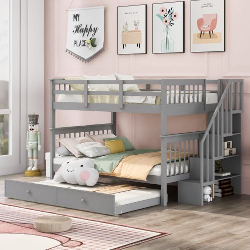 Full Over Full Bunk Bed With Twin Size Trundle, Stairway And Guard Rail