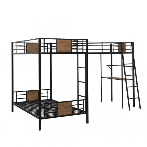 L-Shaped Twin over Twin Bunk Bed with Twin Size Loft Bed with Desk and Shelf
