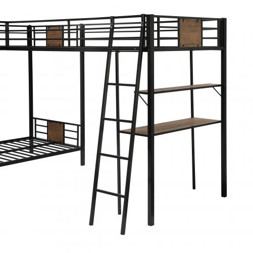 L-Shaped Twin over Twin Bunk Bed with Twin Size Loft Bed with Desk and Shelf