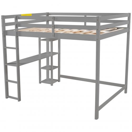 Full Size Loft Bed With Built-in Desk And Shelves