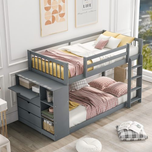 Twin over Twin Bunk Bed with Attached Cabinet and Shelves Storage